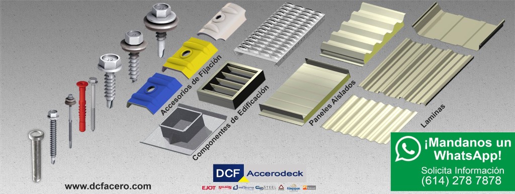 DCF Accerodeck product catalog — fasteners, panels, and corrugated metal sheets