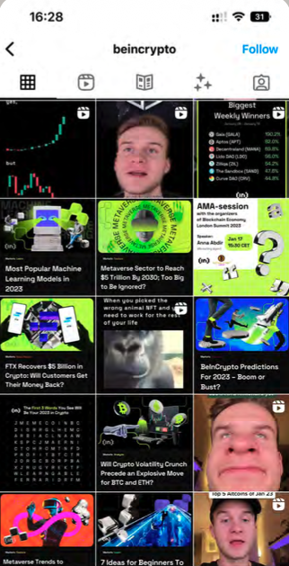 BeInCrypto Instagram profile grid