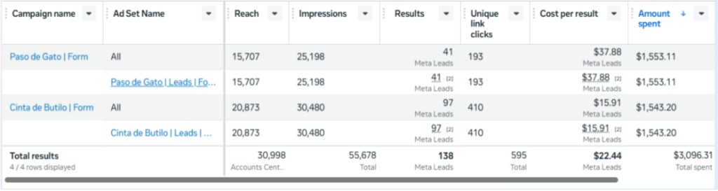 Meta Ads Manager table showing reach, leads, cost per result, and spend by campaign