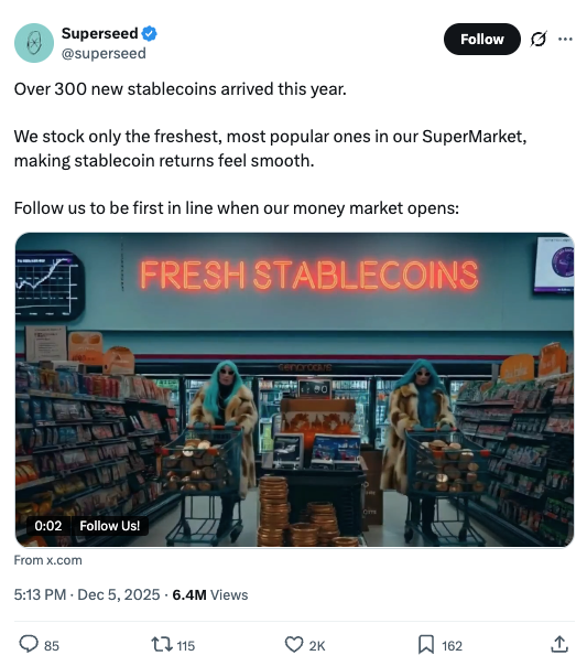 Fresh stablecoins SuperMarket launch post — 6.4M views