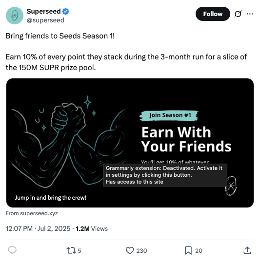 Seeds Season 1 referral campaign post — 1.2M views