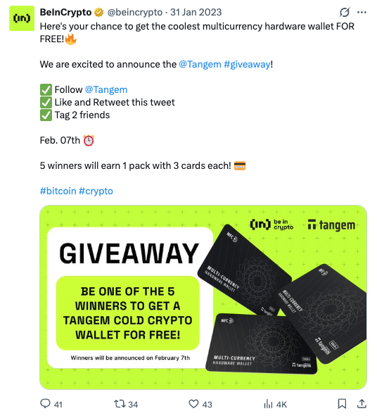 Tangem hardware wallet giveaway