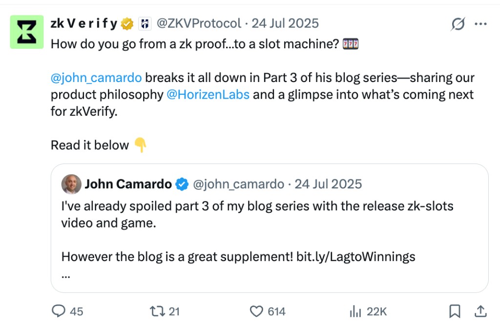 zk proof to slot machine blog series quote tweet