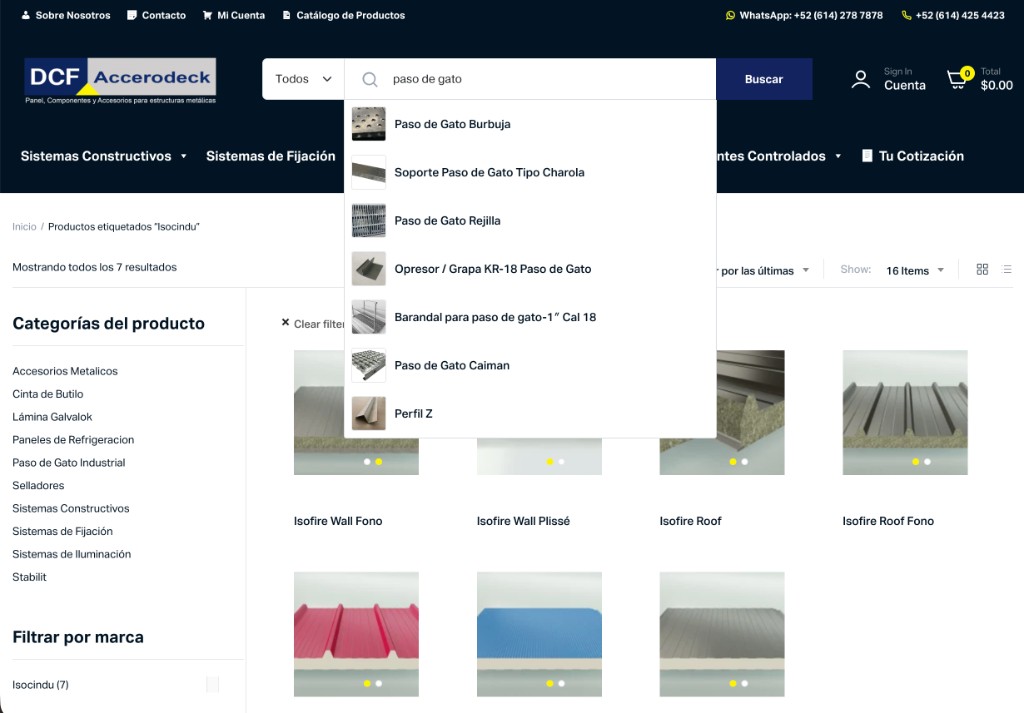 DCF Accerodeck product catalog with search and category navigation
